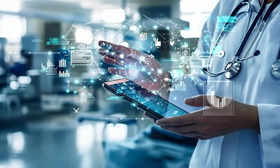 Doctor using smartphones displaying digital healthcare data and network connections. - Powered by Adobe