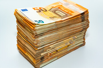 Euro banknote cash money. Lot of banknotes of European union currency close up. Financial...
