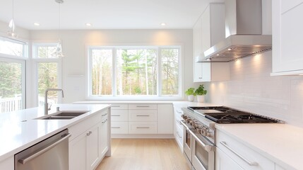 Fototapeta premium Chic Contemporary Kitchen, a fusion of modern elegance and functionality, featuring sleek cabinetry, polished surfaces, and a warm ambiance for inviting gatherings and culinary creativity