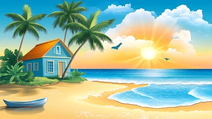 Beach with Palm Trees and Sunset Over the Sea in Flat Design Vector Illustration