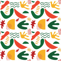 Seamless pattern with abstract shapes in classic Christmas colors Featuring playful designs reminiscent of holiday cheer.