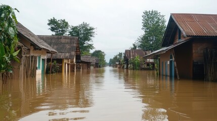 Obraz premium A flooded street in a village, showcasing the impact of heavy rainfall on homes.