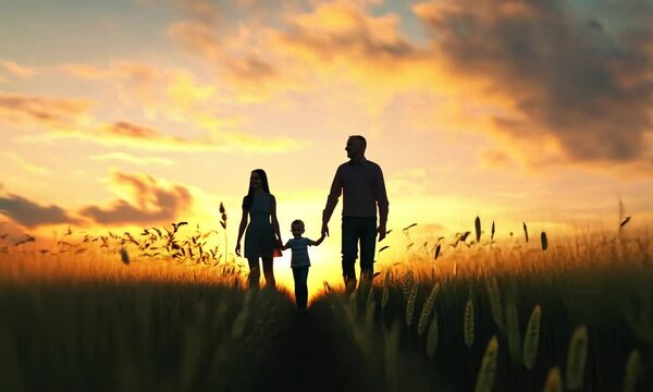 Family Silhouette at Sunset, Walking Hand-in-Hand Through Field