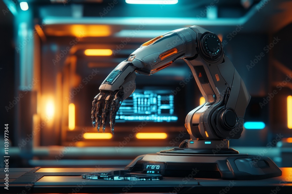 Aufkleber advanced robotic arm in a futuristic laboratory setting with high-tech background, showcasing precis