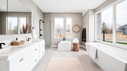 Fototapeta premium Modern bathroom interior with freestanding bathtub, large window, double vanity with mirrors, and walk-in shower in neutral tones