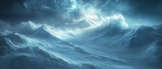 Fototapeta premium Majestic ice-capped mountains and floating icebergs reflect in calm blue waters at dawn in a serene arctic landscape