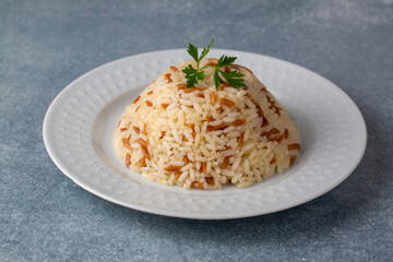 Traditional delicious Turkish food; Turkish style rice pilaf (Turkish name; Arpa sehriyeli pirinc pilavi)