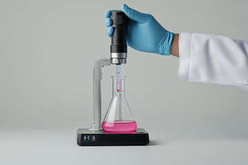 A laboratory setup featuring a hand in a blue glove holding a pipette over a pink solution in an Erlenmeyer flask on a digital scale.