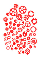 Many purple red gears, mechanical parts, and components.