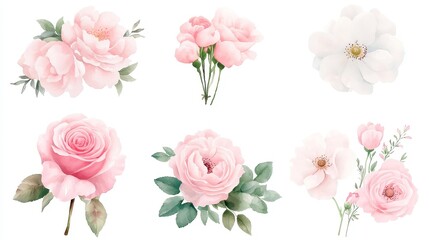 Elegant watercolor rose bouquet collection, vibrant petals in soft hues, delicate arrangements showcasing the beauty of nature, perfect for decor or as a thoughtful gift.
