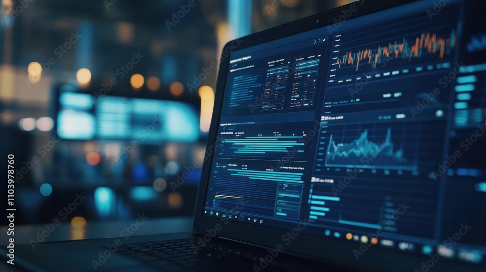 Poster laptop displaying data analytics and graphs.