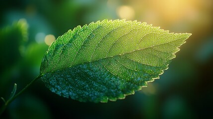 A close-up of a green leaf illuminated by soft sunlight, showcasing its texture and details.