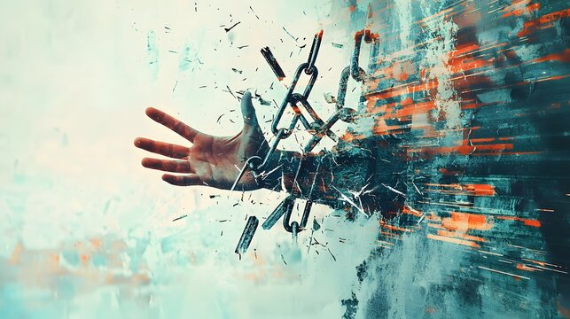 Profile of a hand reaching out, blended with an image of broken shackles falling away.Double Exposure.[Freedom]:[Chains, Shackles, Bindings] 