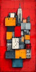 A vibrant artistic representation featuring a cityscape in abstract form, showcasing a hand symbol made up of geometric shapes and the iconic Empire State Building amidst bold colors.