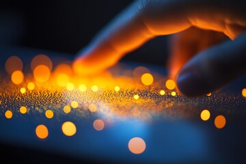Close-Up of a Finger Gently Touching a Surface with Glowing Orange and Yellow Particles, Creating an Ethereal and Dreamy Atmosphere in Dark Background