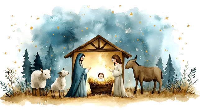 Acuarela ilustraci&oacute;n escena del nacimiento con Mar&iacute;a y Jos&eacute; y el beb&eacute; Jes&uacute;s ilustraci&oacute;n