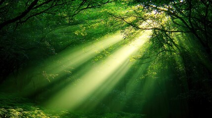 Fototapeta premium Sunlit Forest Serenity, Radiant beams filter through lush foliage, illuminating the tranquil scene, inviting peace and reflection in nature's embrace.