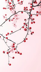 Striking contrast  black branch adorned with red berries against a soft pink and white backdrop