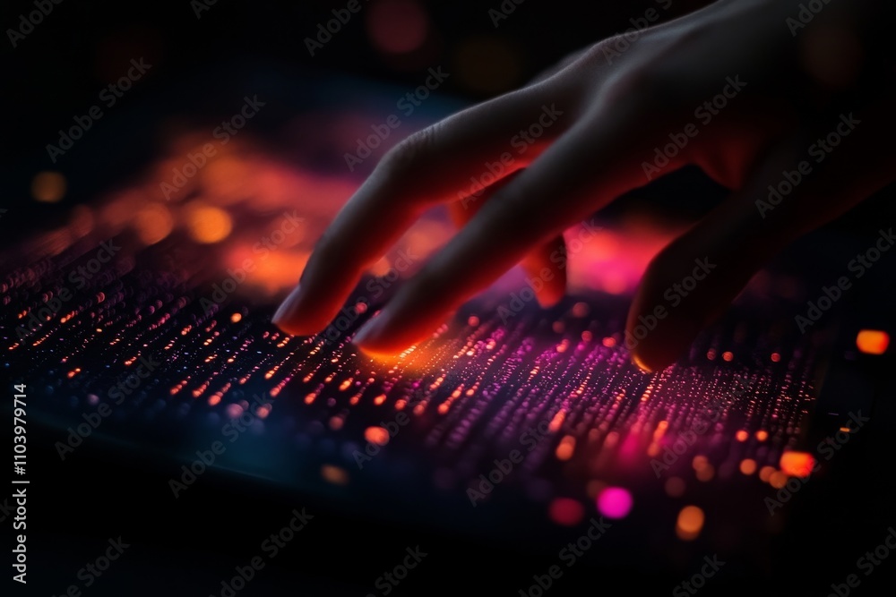 Aufkleber close-up of a human finger touching a vibrant digital screen with colorful light patterns and data v