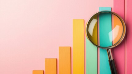 Wood block SEO Business. Colorful bar graph with magnifying glass