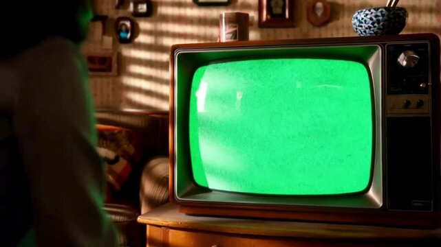 a person watching old tv with green screen