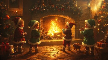 Obraz premium Children Dressed as Elves Playing Near a Cozy Fireplace