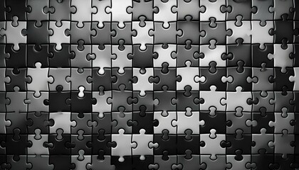 Black and white puzzle pieces forming a complex pattern.