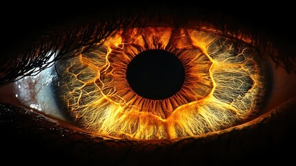 A striking close-up of an eye with fiery, electric patterns radiating from the iris.