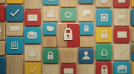 Wood block SEO Business. Lock icon among colorful app buttons