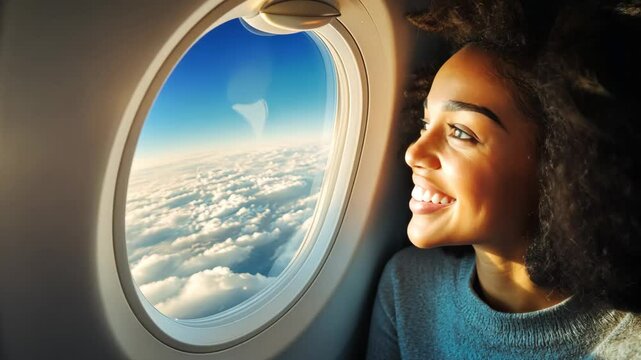 black woman looking out plane window at sunset. travel experience concept