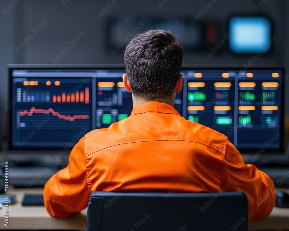Poster a focused individual in an orange outfit analyzes data on multiple screens displaying graphs and met
