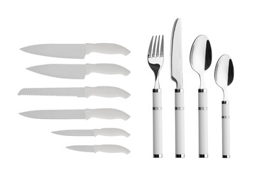 Fototapeta premium Collage of various cutlery knives spoons and forks isolated on white background