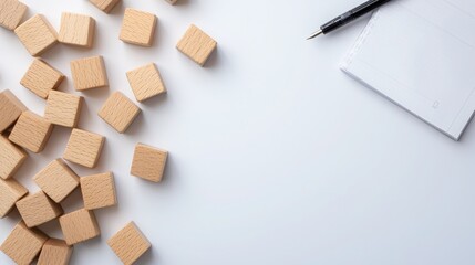 Wood block SEO Business. Scattered sugar cubes and a notepad