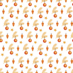 Festive seamless pattern with Christmas ornaments andpine twigs, sweets and gifts. Red and yellow colors. Perfect for holiday wrapping paper and textiles