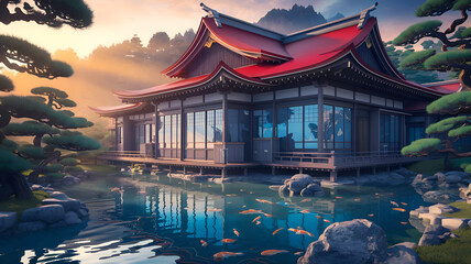 Obraz premium A Red-Roofed Japanese Home Amid Tranquil Waters and Bonsai Beauty