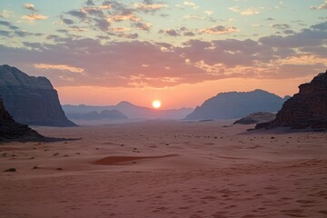 Desert Sunset Over Wadi Rum Mountains