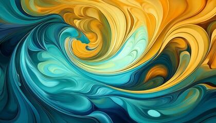 Abstract swirling artwork in teal and gold.