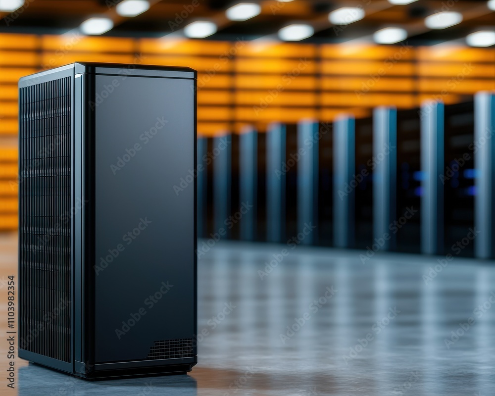 Aufkleber a sleek black server tower stands prominently in a modern data center, surrounded by rows of similar