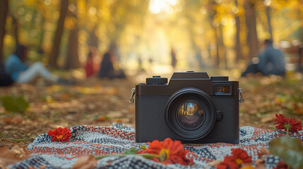 Autumnal Photography: A vintage camera rests on a cozy blanket amidst the vibrant colors of an autumn park, capturing the essence of a peaceful autumn day. 