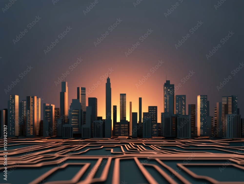 Poster a futuristic city skyline at sunset, with illuminated skyscrapers and circuit-like patterns in the f