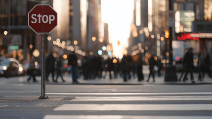 Stop Sign at Busy Street Corner with Pedestrians Walking