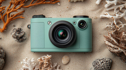 Coastal Camera: Mint Green Compact Camera on Sandy Beach with Coral