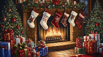 Cozy Christmas Party Scene with Stockings and Gifts