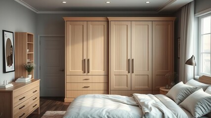 Fototapeta premium A cozy bedroom featuring a stylish wardrobe with modern aesthetic touches such as clean lines, neutral colors, and minimalistic decor, neutral colors, modern, tranquility