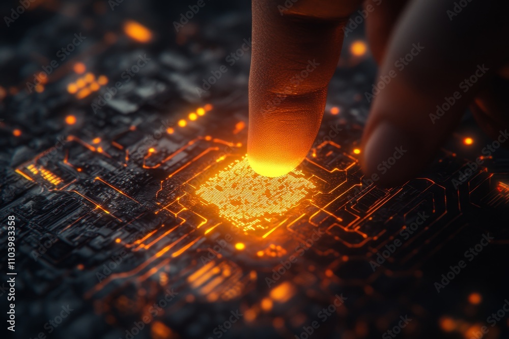 Aufkleber digital interaction: a finger touching a bright circuit board in a futuristic technology setting wit