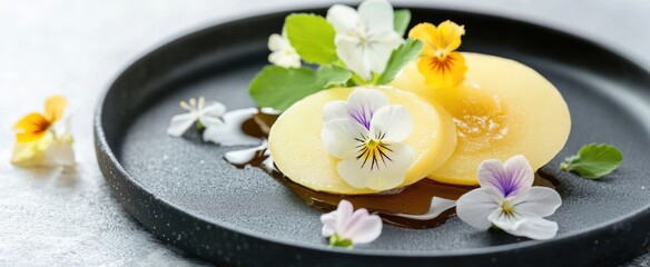 Elegant poached pears with edible flowers on black plate