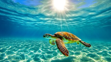 Obraz premium A sea turtle swims gracefully beneath a sun-dappled ocean surface, captured mid-glide in the crystal-clear, shimmering blue waters
