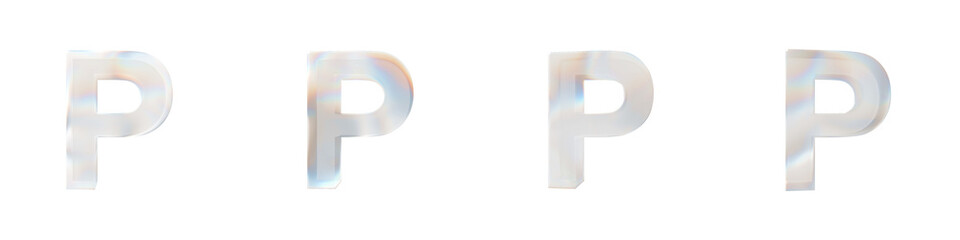 Set of 4 3d letter P with glass distortion effect isolated on a transparent background. 3d transparent elements for graphic design.