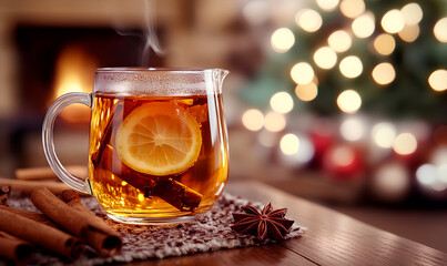 Steaming spiced tea with lemon and cinnamon sticks rests on a textured surface near a festive tree