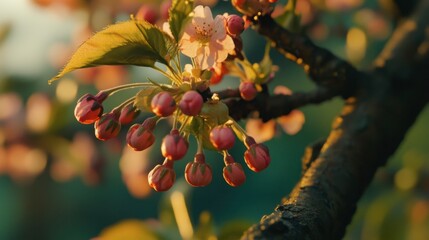 A cherry tree in early bloom, with flowers and budding cherries just starting to appear.